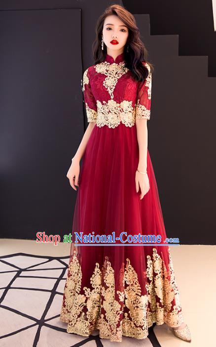 Professional Bride Wine Red Full Dress Compere Stage Performance Costume for Women