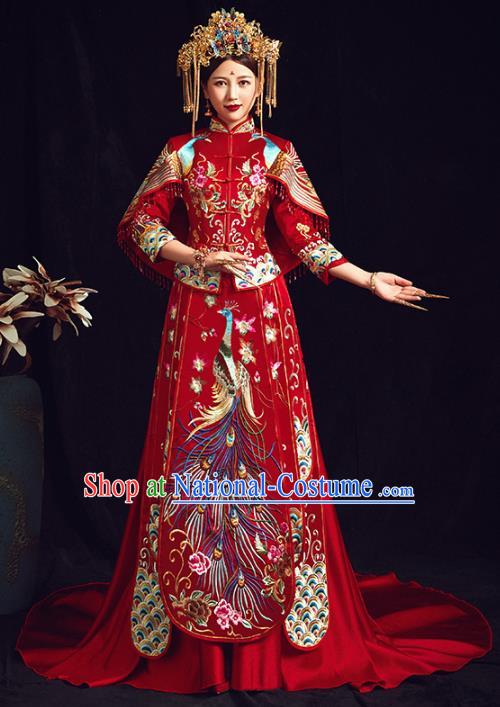 Chinese Traditional Bride Embroidered Phoenix Peony Red Xiuhe Suits Wedding Dress Ancient Costume for Women