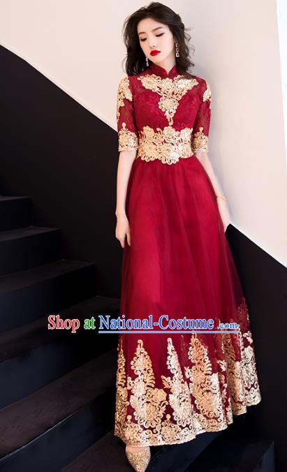 Professional Bride Wine Red Full Dress Compere Stage Performance Costume for Women