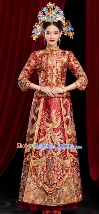 Chinese Traditional Embroidered Phoenix Red Xiuhe Suits Wedding Dress Ancient Bride Costume for Women