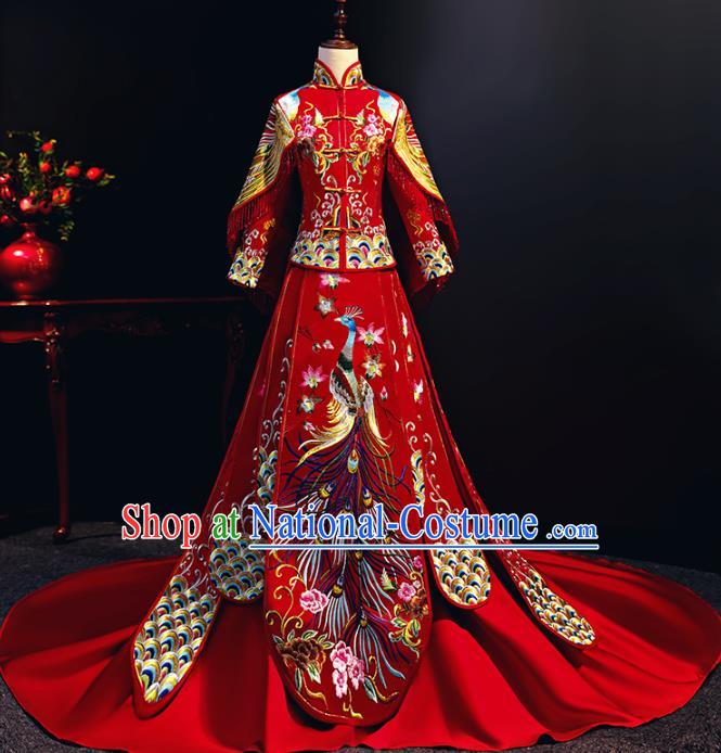 Chinese Traditional Bride Embroidered Trailing Xiuhe Suits Red Wedding Dress Ancient Costume for Women