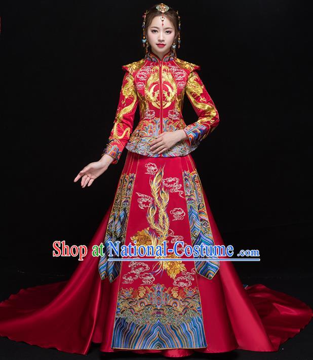 Chinese Traditional Wedding Embroidered Trailing Xiuhe Suits Red Bride Dress Ancient Costume for Women