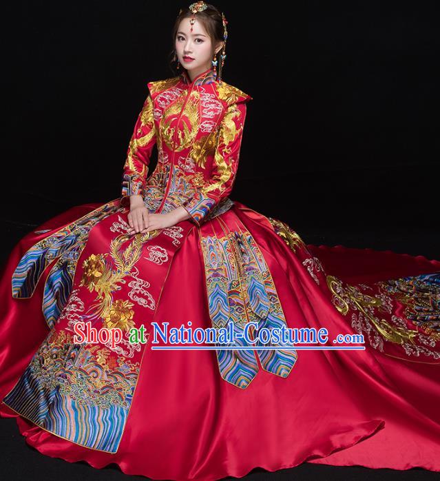 Chinese Traditional Wedding Embroidered Trailing Xiuhe Suits Red Bride Dress Ancient Costume for Women