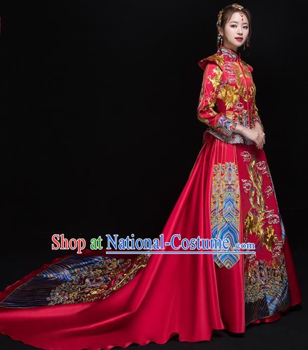 Chinese Traditional Wedding Embroidered Trailing Xiuhe Suits Red Bride Dress Ancient Costume for Women