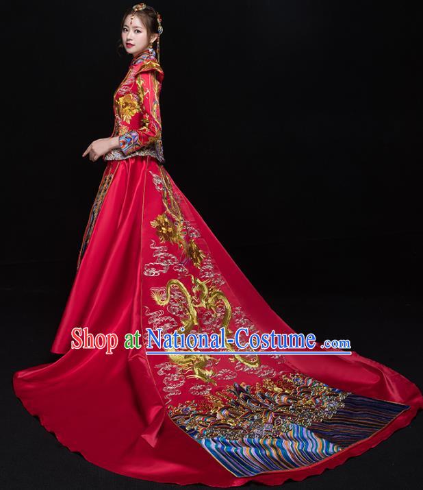 Chinese Traditional Wedding Embroidered Trailing Xiuhe Suits Red Bride Dress Ancient Costume for Women