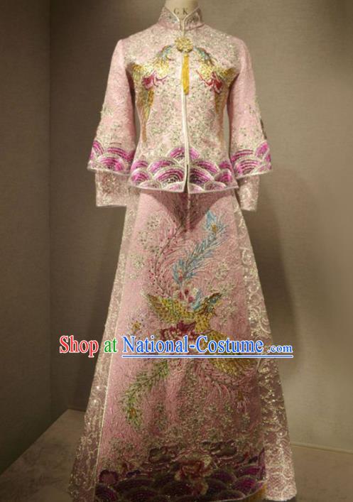 Chinese Traditional Wedding Embroidered Pink Diamante Xiuhe Suits Bride Dress Ancient Costume for Women