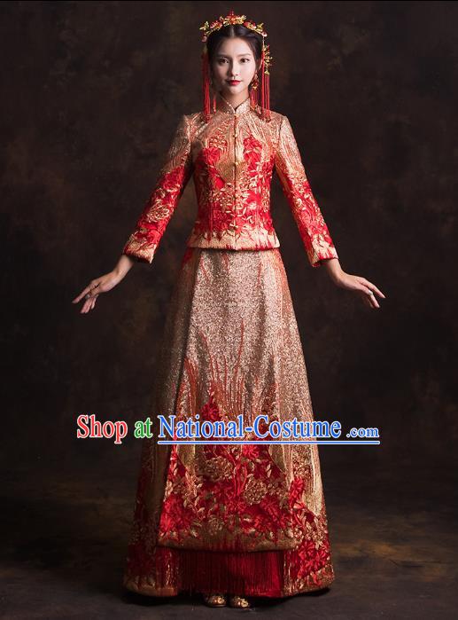 Chinese Traditional Embroidered Red Diamante Xiuhe Suits Wedding Bride Dress Ancient Costume for Women