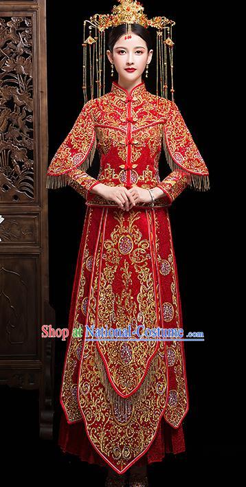 Chinese Embroidered Red Xiuhe Suits Traditional Wedding Bride Dress Ancient Costume for Women