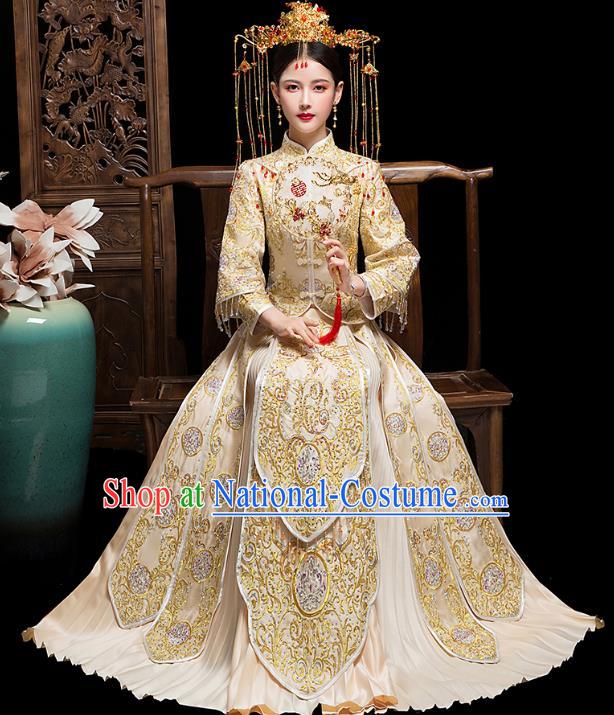 Chinese Embroidered Champagne Xiuhe Suits Traditional Wedding Bride Dress Ancient Costume for Women