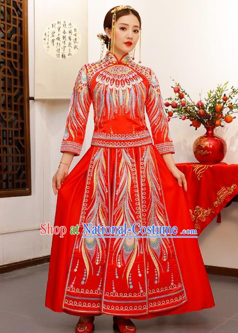 Chinese Embroidered Red Longfeng Flown Xiuhe Suits Traditional Wedding Bride Dress Ancient Costume for Women