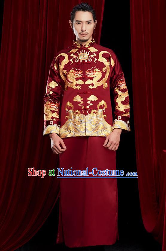 Chinese Traditional Embroidered Dark Red Mandarin Jacket and Robe Wedding Tang Suit Ancient Bridegroom Costume for Men