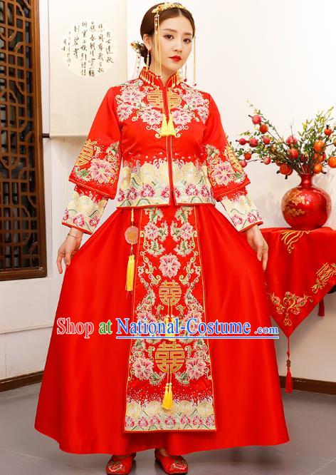 Chinese Embroidered Peony Longfeng Flown Wedding Xiuhe Suits Traditional Bride Dress Ancient Costume for Women