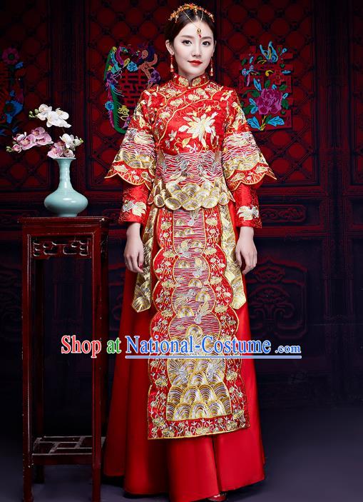 Chinese Ancient Wedding Embroidered Longfeng Flown Xiuhe Suits Traditional Bride Dress Costume for Women