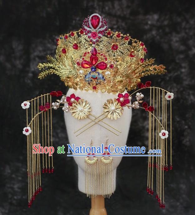 Chinese Traditional Wedding Red Crystal Phoenix Coronet and Tassel Hairpins Hair Accessories for Women