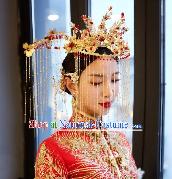 Chinese Traditional Wedding Golden Phoenix Coronet Tassel Hairpins Hair Accessories for Women