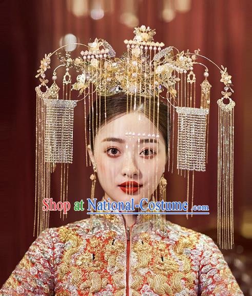 Chinese Traditional Wedding Bride Golden Phoenix Coronet Tassel Hairpins Hair Accessories for Women