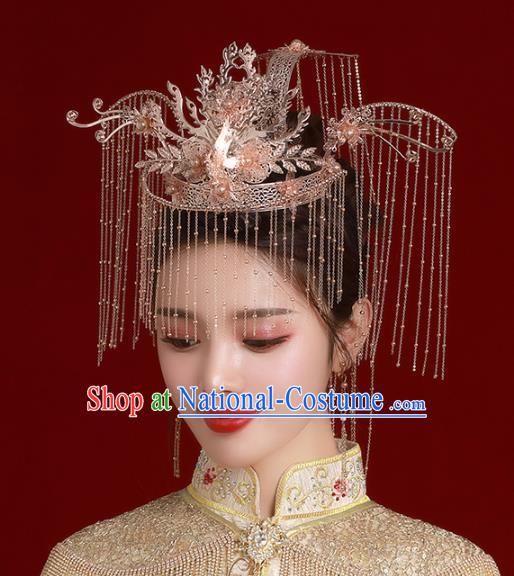 Chinese Traditional Wedding Bride Golden Phoenix Coronet Tassel Hairpins Hair Accessories for Women