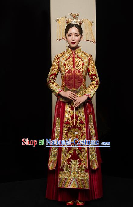 Chinese Traditional Golden Embroidered Xiuhe Suits Wedding Dress Ancient Bride Costume for Women