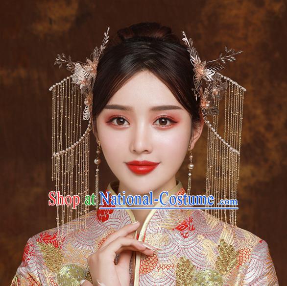 Chinese Traditional Wedding Bride Golden Hair Claws and Tassel Hairpins Hair Accessories for Women