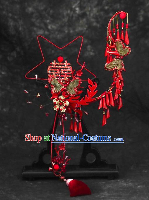 Chinese Traditional Red Tassel Palace Fans Handmade Classical Hanfu Wedding Fan for Women