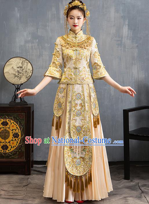 Chinese Traditional Embroidered Golden Xiuhe Suits Wedding Dress Ancient Bride Costume for Women