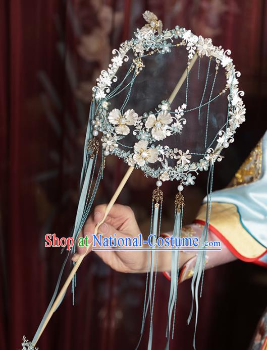 Chinese Traditional Blue Ribbon Palace Fans Handmade Classical Hanfu Wedding Silk Round Fan for Women