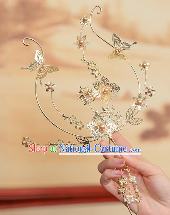 Chinese Traditional Golden Butterfly Palace Fans Handmade Classical Hanfu Wedding Fan for Women