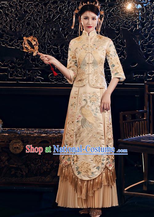 Chinese Traditional Embroidered Peacock Golden Xiuhe Suits Wedding Dress Ancient Bride Costume for Women