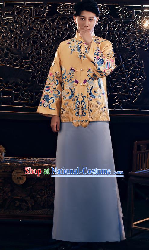 Chinese Traditional Embroidered Golden Mandarin Jacket and Robe Wedding Tang Suit Ancient Bridegroom Costume for Men