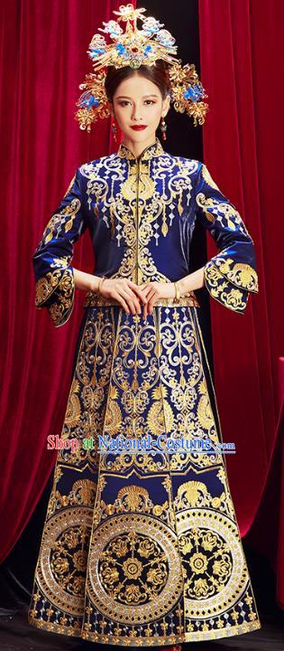 Chinese Traditional Bride Embroidered Royalblue Xiuhe Suits Wedding Dress Ancient Costume for Women