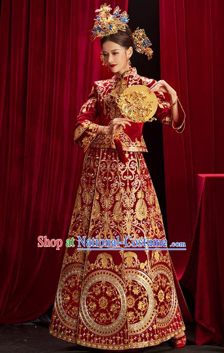 Chinese Traditional Bride Embroidered Red Xiuhe Suits Wedding Dress Ancient Costume for Women