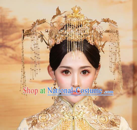 Chinese Traditional Wedding Golden Crane Tassel Phoenix Coronet Hair Accessories for Women