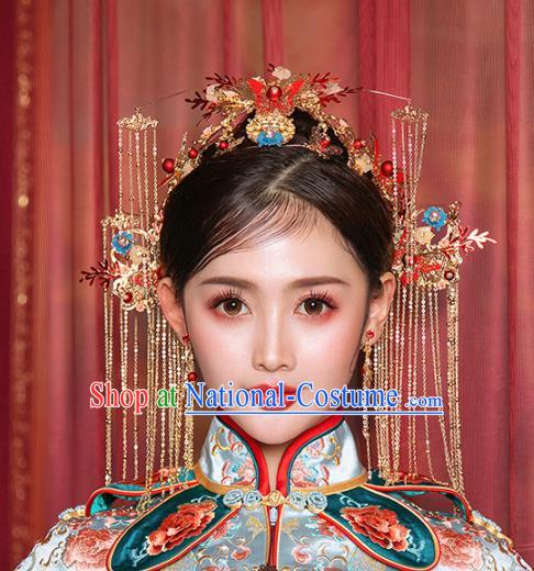 Chinese Traditional Wedding Red Butterfly Phoenix Coronet and Hairpins Hair Accessories for Women