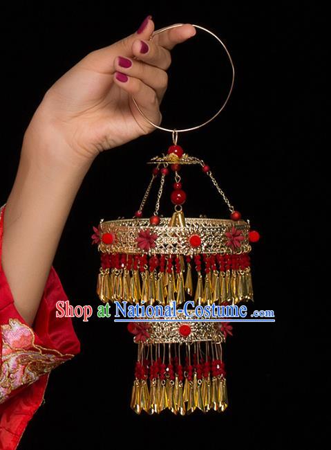 Chinese Ancient Wedding Golden Portable Lantern Accessories Traditional Bride Prop for Women