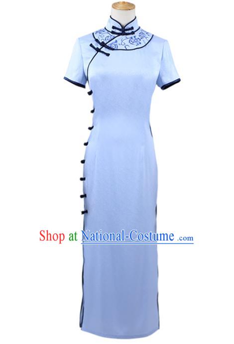 Traditional Chinese Embroidered Blue Qipao Dress Costume Ancient Female Swordsman Hanfu Dress for Women