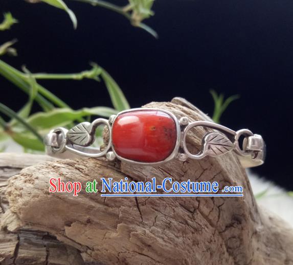 Chinese Zang Nationality 925 Silver Red Coral Bracelet Handmade Traditional Tibetan Ethnic Jewelry Accessories for Women