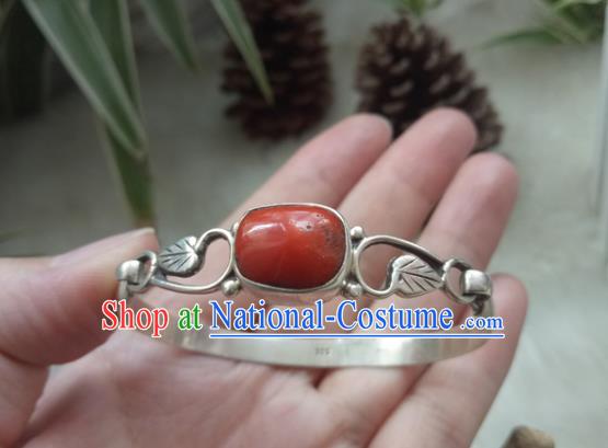 Chinese Zang Nationality  Silver Red Coral Bracelet Handmade Traditional Tibetan Ethnic Jewelry Accessories for Women