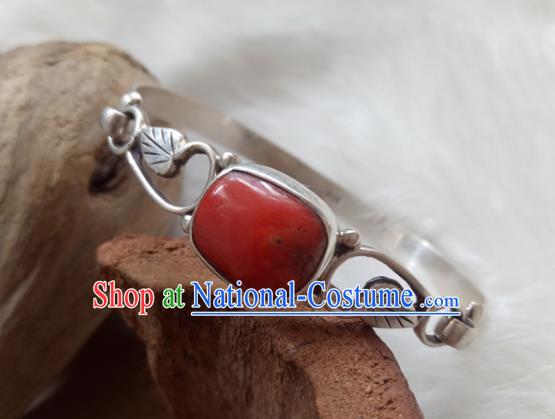 Chinese Zang Nationality  Silver Red Coral Bracelet Handmade Traditional Tibetan Ethnic Jewelry Accessories for Women