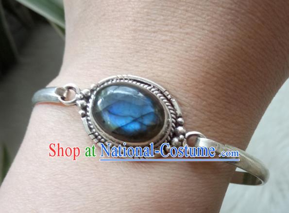 Chinese Zang Nationality 925 Silver Blue Moonstone Bracelet Handmade Traditional Tibetan Ethnic Jewelry Accessories for Women