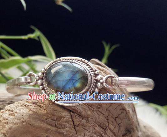 Chinese Zang Nationality  Silver Blue Moonstone Bracelet Handmade Traditional Tibetan Ethnic Jewelry Accessories for Women