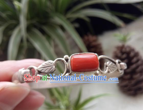 Chinese Zang Nationality  Silver Coral Bracelet Handmade Traditional Tibetan Ethnic Jewelry Accessories for Women