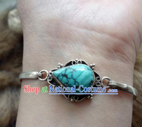 Chinese Zang Nationality Kallaite 925 Silver Bracelet Handmade Traditional Tibetan Ethnic Jewelry Accessories for Women