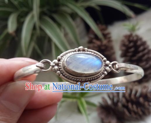 Chinese Zang Nationality Moonstone Silver Bracelet Handmade Traditional Tibetan Ethnic Jewelry Accessories for Women