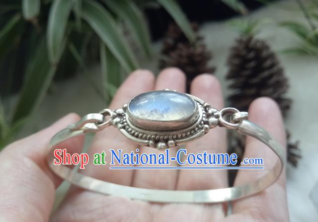 Chinese Zang Nationality Moonstone Silver Bracelet Handmade Traditional Tibetan Ethnic Jewelry Accessories for Women