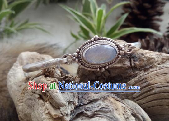 Chinese Zang Nationality Moonstone Silver Bracelet Handmade Traditional Tibetan Ethnic Jewelry Accessories for Women