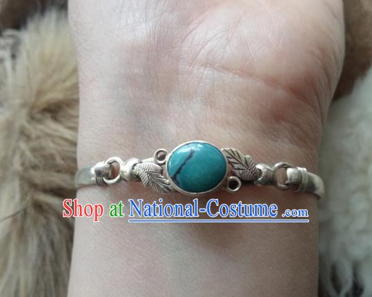 Chinese Zang Nationality Carving Silver Kallaite Bracelet Handmade Traditional Tibetan Ethnic Jewelry Accessories for Women