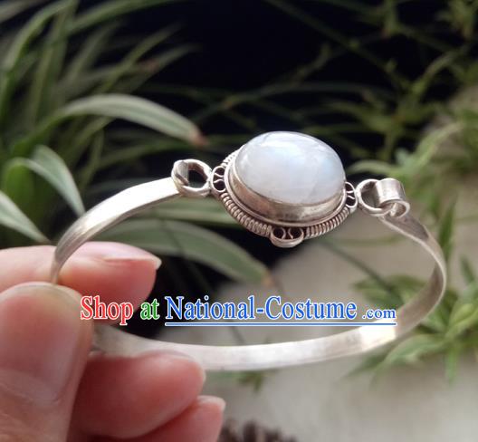 Chinese Zang Nationality Moonstone Carving Silver Bracelet Handmade Traditional Tibetan Ethnic Jewelry Accessories for Women