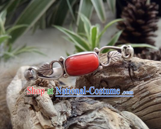 Chinese Zang Nationality Coral Carving Silver Leaf Bracelet Handmade Traditional Tibetan Ethnic Jewelry Accessories for Women