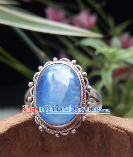 Chinese Zang Nationality Blue Moonstone Rings Handmade Traditional Tibetan Ethnic Jewelry Accessories for Women