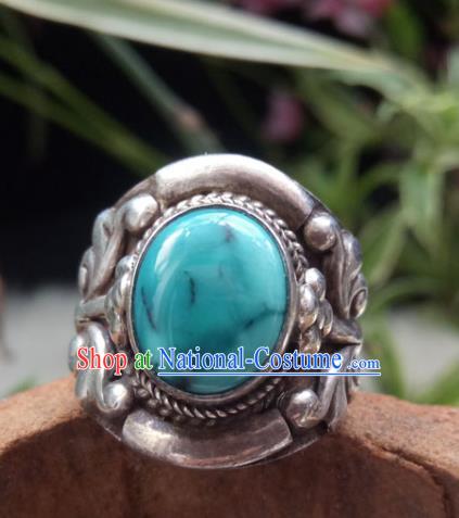 Chinese Zang Nationality Silver Kallaite Rings Handmade Traditional Tibetan Ethnic Jewelry Accessories for Women